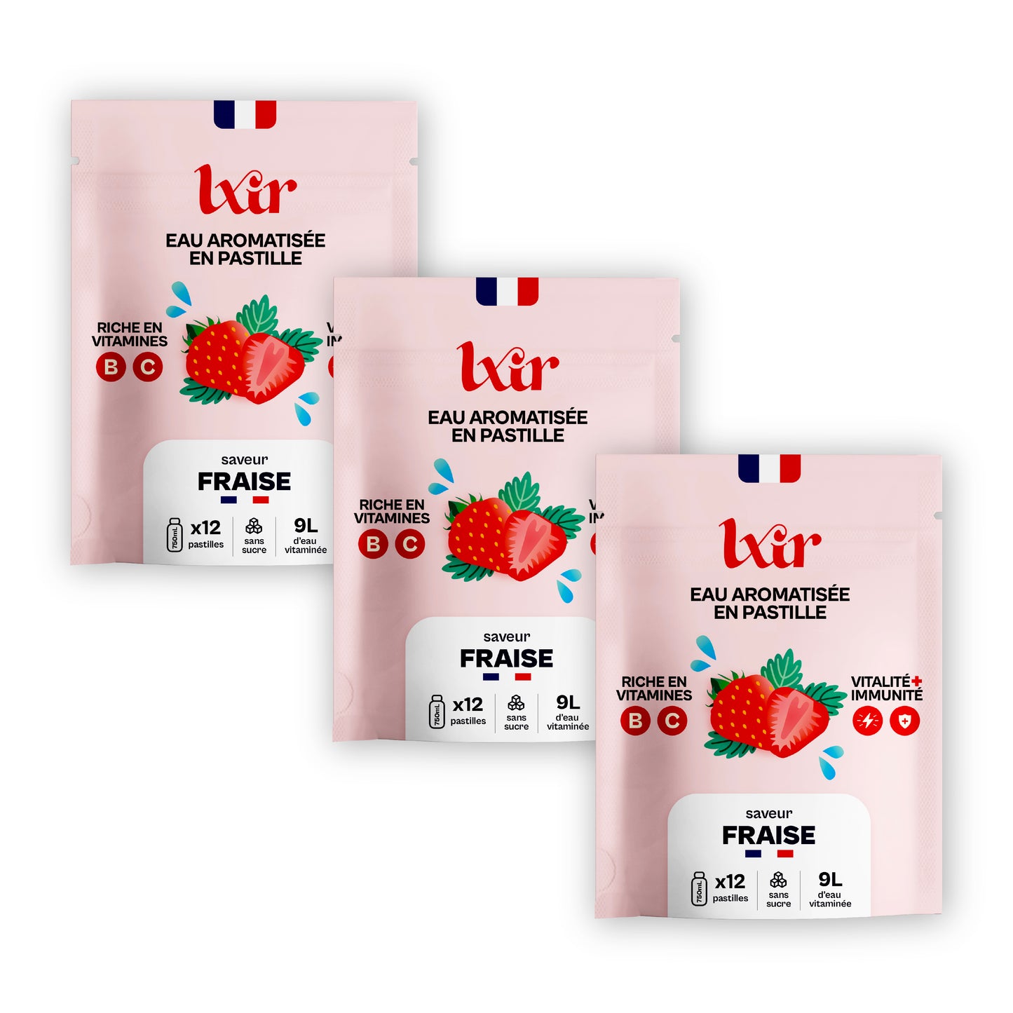 LXIR DRINK - Eau aromatisée en pastille sans sucre - Boisson multivitamines - Riche en vitamines C et B - Hydratation quotidienne - Beauté de la peau (1 unité (Lot de 36) - Fraise x3