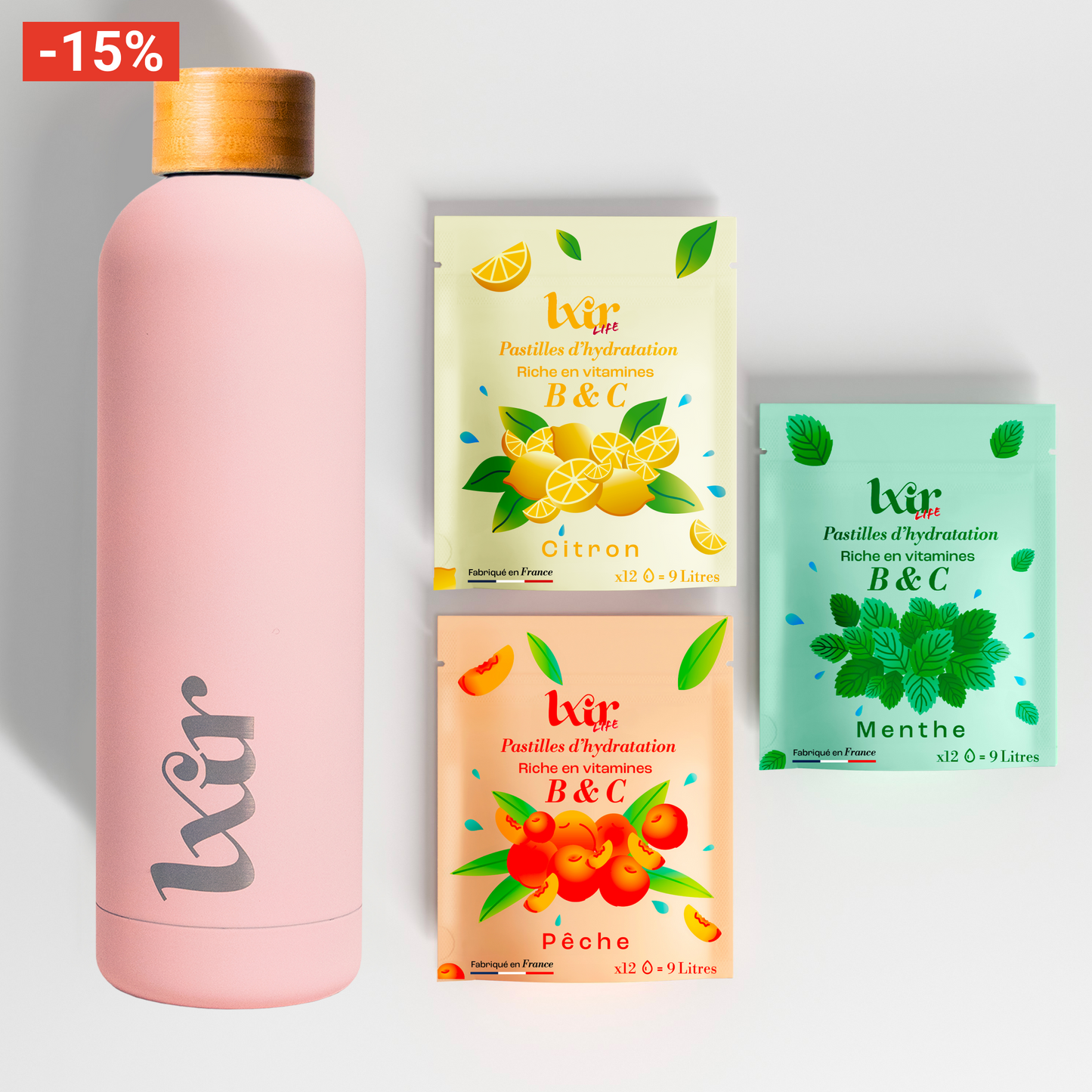 Coffret Découverte 3 sachets + 1 gourde Rose LXIR