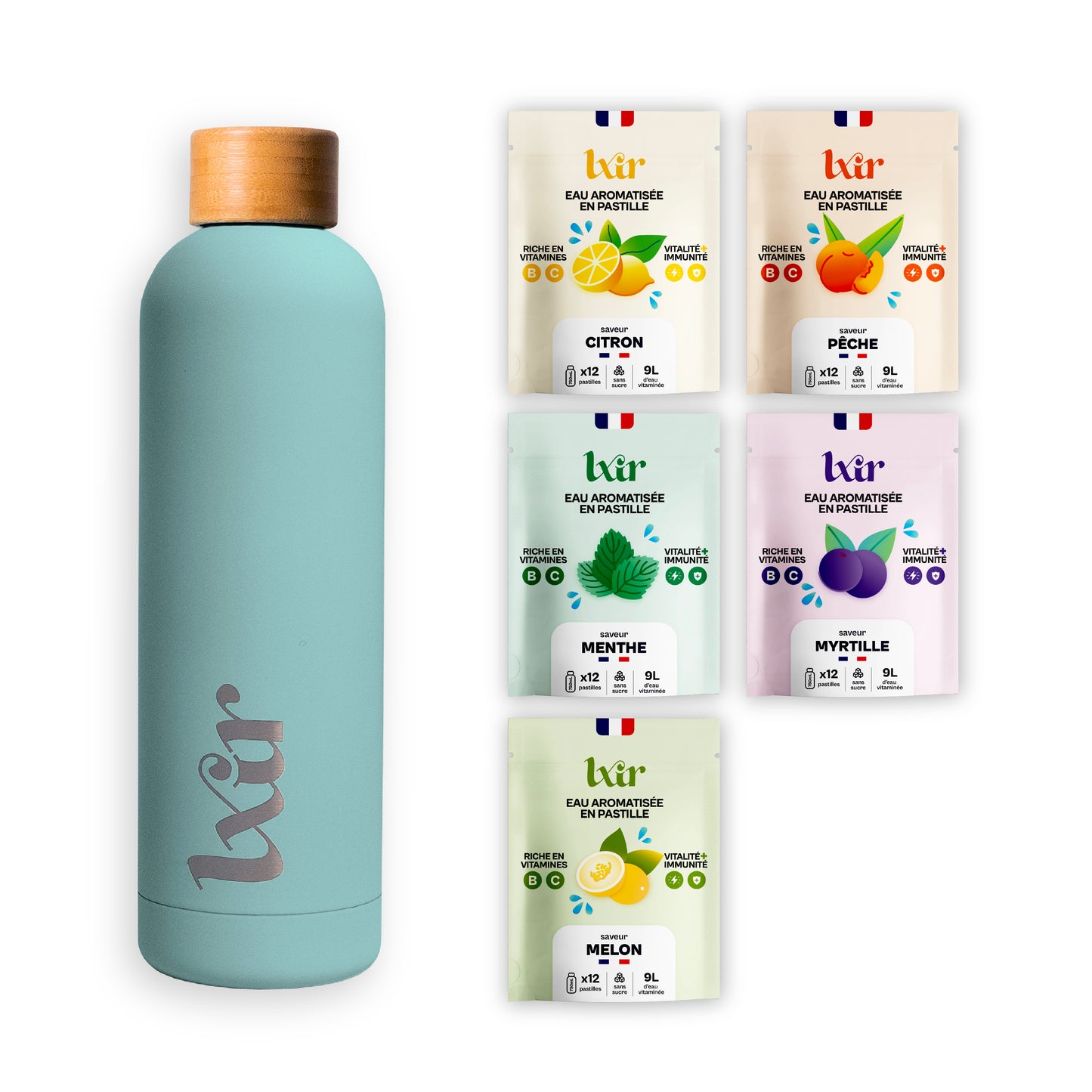 LXIR DRINK - Eau aromatisée en pastille sans sucre - Boisson multivitaminés - Riche en vitamines C et B - Hydratation quotidienne - Beauté de la peau - Vitalité - 60 unités - 5 saveurs + 1 gourde BLEU