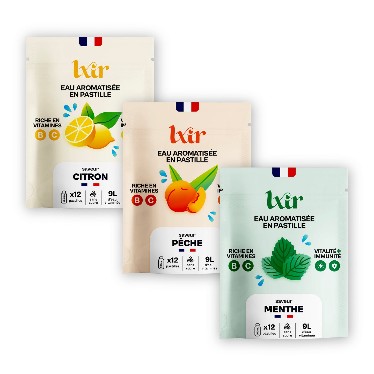 LXIR DRINK - Eau aromatisée en pastille sans sucre - Boisson multivitamines - Riche en vitamines C et B - Hydratation quotidienne - Beauté de la peau - Vitalité - 36 pastilles - Citron/Pêche/Menthe