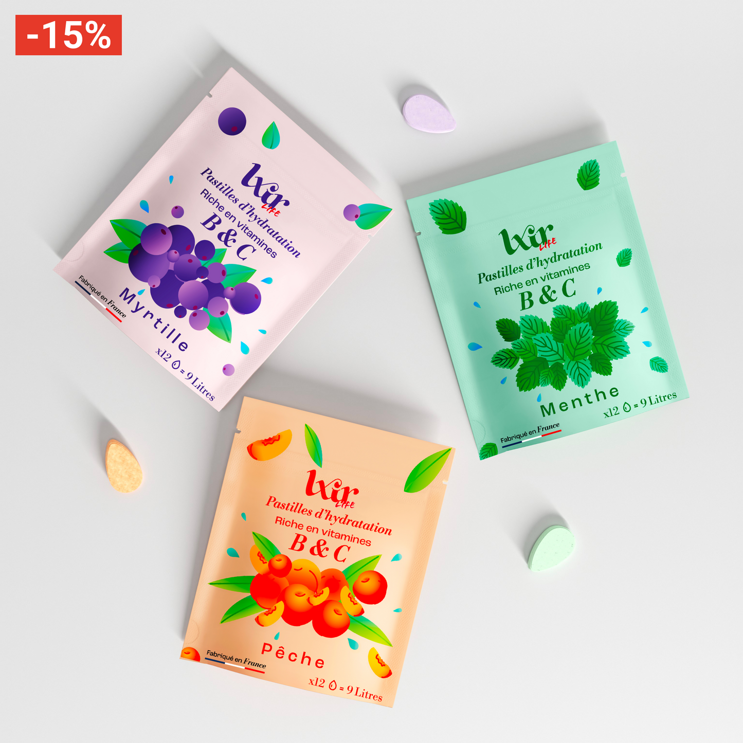 Coffret 3 sachets LXIR : Pêche + Menthe + Myrtille