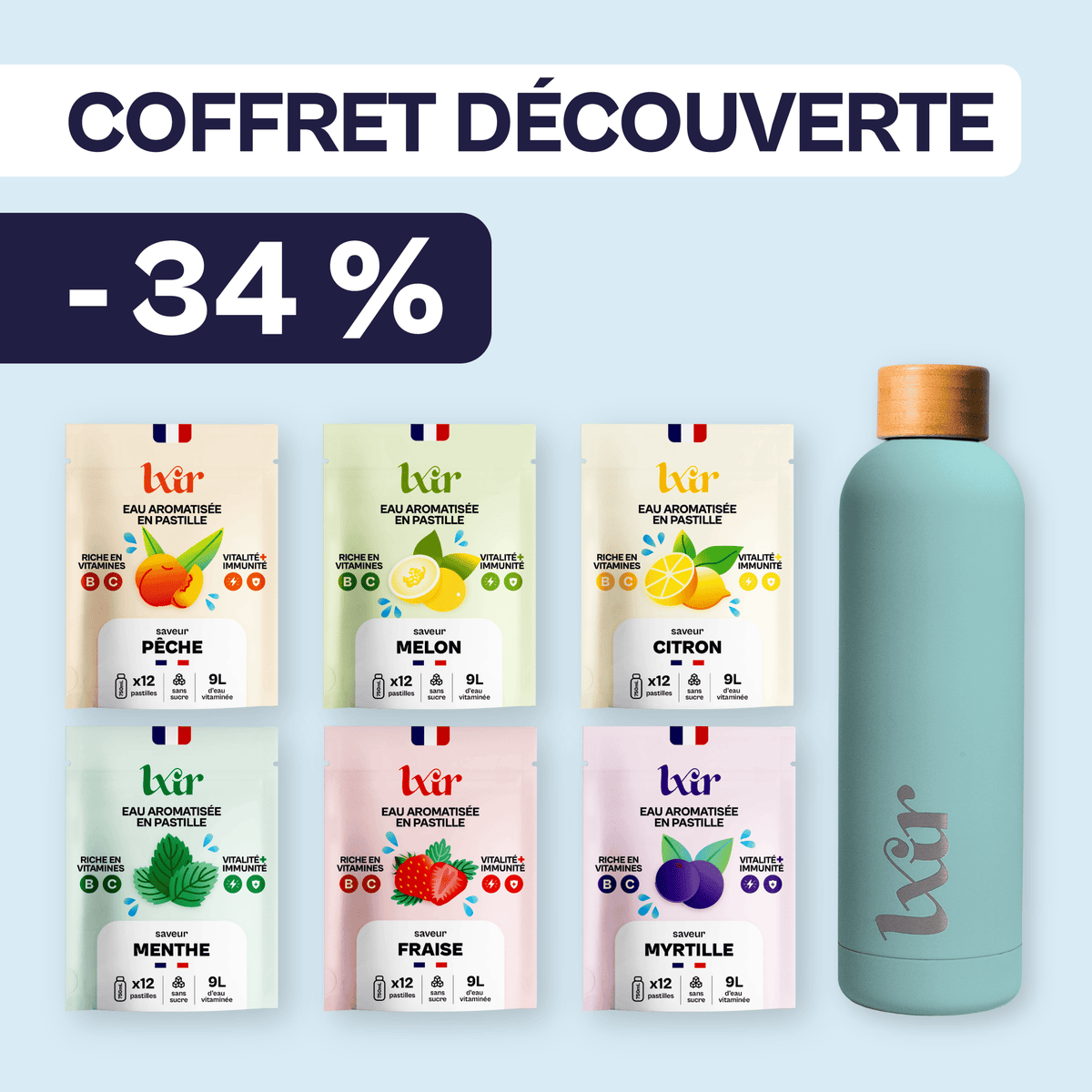Coffret découverte LXIR Life boisson aromatisée pêche menthe myrtille, 6 sachets + gourde offerte