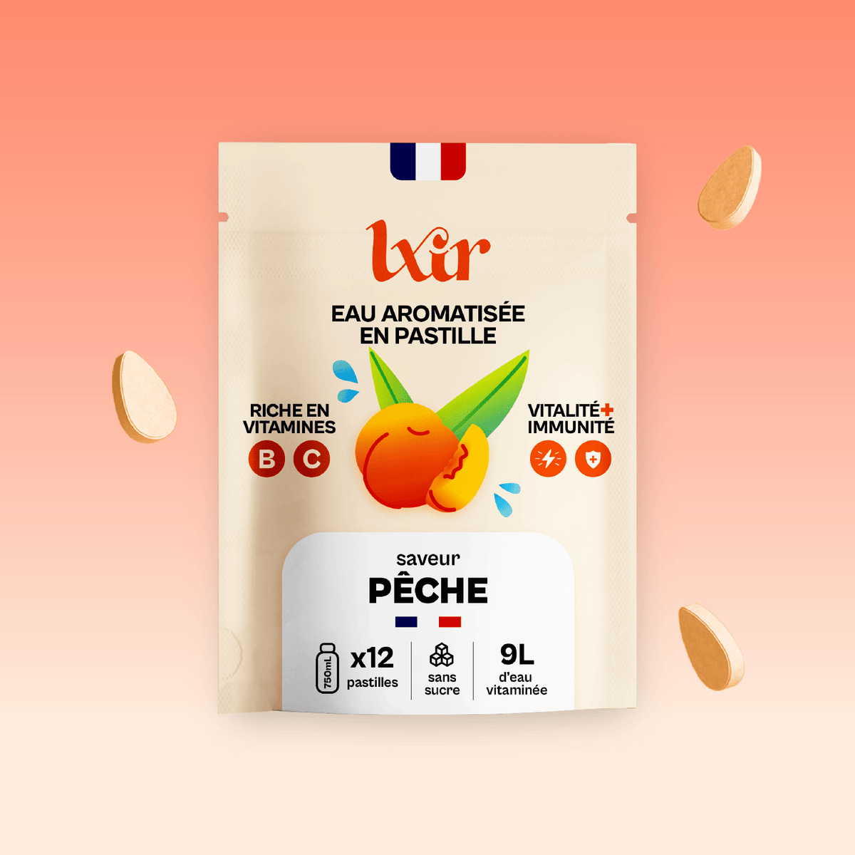 Sachet 12 LXIR Life Pêche : pastilles vitaminées pour boire plus d'eau, fabriqué en France