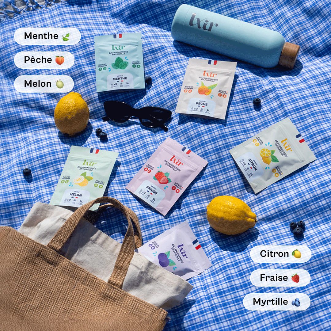 Coffret découverte LXIR Life pêche menthe myrtille 6 sachets gourde offerte